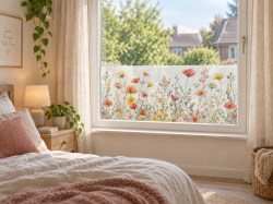 Zelfklevend textiel raamfolie wilde bloemenweide in warme aquareltinten2